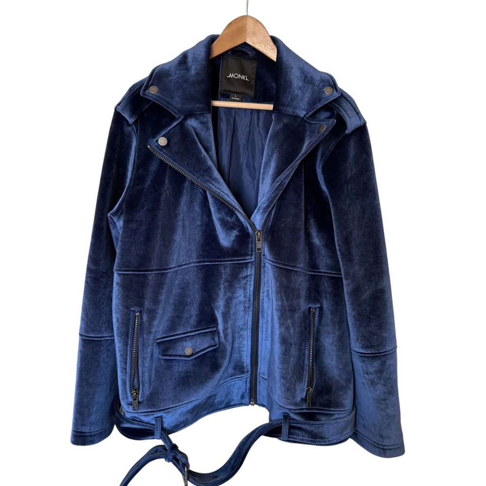 Monki Velvet Moto Jacket Womens Large Blue Good Belted Asymmetrical Biker Zip